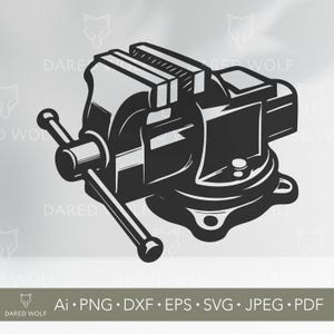 May include: Black and white illustration of a bench vise, a tool used to hold workpieces. The vise has a handle, jaws, and a base. The image includes the text "DARED WOLF" and file type options: Ai, PNG, DXF, EPS, SVG, JPEG, PDF.