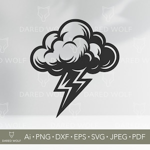May include: A black and white illustration of a cloud with a lightning bolt. The cloud has a fluffy, stylized design. The lightning bolt is a jagged, downward-pointing zig-zag. The image includes the text "DARED WOLF" and file type abbreviations.