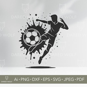 Könnte beinhalten: Schwarz-weiße Grafik eines Fußballspielers, der einen Ball tritt. Der Spieler befindet sich in der Mitte des Tritts, der Ball ist von einem Spritzeffekt umgeben. Der Text "DARED WOLF" und Dateitypoptionen sind enthalten.