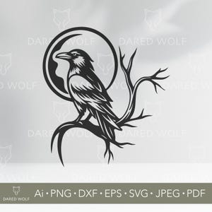 Conception SVG lune corbeau | Vectoriel Gothique Corbeau sur branche pour Cricut et Silhouette | Fichier de coupe oiseau mystique | Art numérique vinyle Halloween