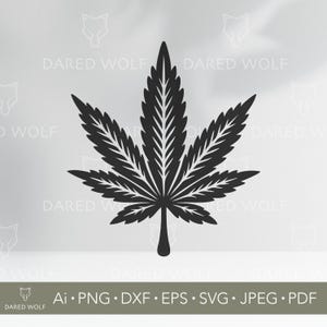 May include: A black cannabis leaf illustration. The image shows a detailed depiction of a cannabis leaf, with intricate vein patterns. The design is set against a light grey background. The text "DARED WOLF" is repeated around the leaf. File formats are listed at the bottom.