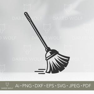 May include: A black and white illustration of a broom. The broom is angled diagonally, with the handle on the upper left and the bristles on the lower right. The image includes the text "DARED WOLF" and file type information.