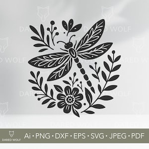 Floral vectorkunst libel | Botanisch insect SVG voor Cricut en Silhouette | Digitaal bestand natuur | Elegant veerontwerp voor het snijden van vinyl