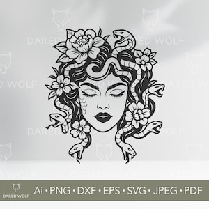 Arte vetorial floral de Medusa | Mitologia em SVG de cabelo de cobra para Cricut e Silhouette | Arquivo digital gótico | Design de cabeça de Medusa para recorte em vinil
