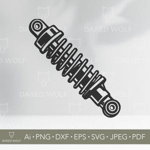 Può includere: Illustrazione in bianco e nero di un ammortizzatore. Il design presenta un corpo cilindrico con una molla elicoidale e giunti di collegamento. Il testo "DARED WOLF" e i formati di file sono inclusi.