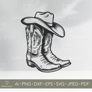 Bottes De Cowboy Clipart vectoriel | Chapeau Western SVG pour Cricut et Silhouette | Fichier numérique de style champêtre | Conception de rodéo pour la découpe de vinyle