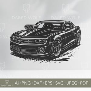 May include: Black and white illustration of a classic muscle car with a supercharger. The car has a black stripe down the hood and a large front grille.