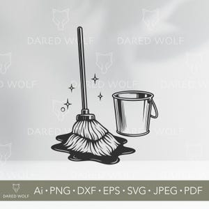 May include: Black and white illustration of a mop with a puddle of water and a bucket. The image includes sparkling starbursts and the text "DARED WOLF" and file type options.