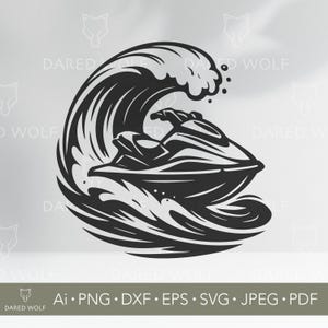 May include: Black and white graphic of a jet ski riding a large wave. The jet ski is in the center of the image, with the wave cresting above it. The image includes the text "DARED WOLF" and file type options.