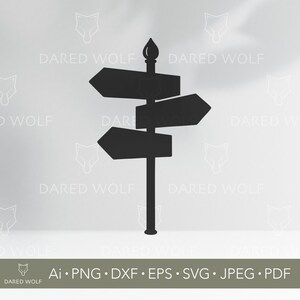 May include: A black directional signpost silhouette with multiple arrow-shaped signs pointing in different directions. The signpost has a decorative top and is set against a light gray background. The text "DARED WOLF" is repeated across the background. The bottom of the image includes file type information.