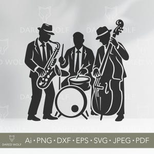 May include: A monochrome silhouette of a jazz band. The image shows a saxophone player, a drummer, and a double bass player. The image includes the text "DARED WOLF" and file type options.