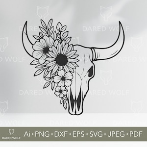 Caveira de touro floral SVG | Clipart de caveira estilo Western Boho para Cricut e Silhouette | Arquivo digital de caveira de vaca rústica | Design de vinil de deserto para DIY