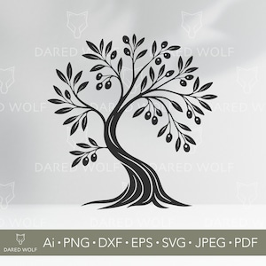 May include: Black and white silhouette of an olive tree with branches full of olives. The tree has a thick trunk and a wide, spreading canopy.