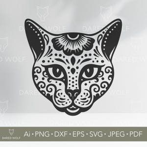 Zucker Schädel Katze SVG Vektorgrafik | Tag der Toten Kitty Design für Cricut und Silhouette | Halloween-Svg | Calavera Katze Clipart