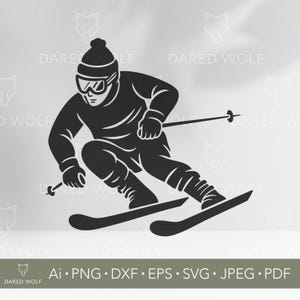 Puede incluir: Gráfico en blanco y negro de un esquiador en acción, con gorro, gafas y guantes, con bastones y esquís. La imagen incluye el texto "DARED WOLF" y formatos de archivo.