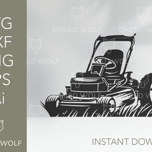 May include: Black and white silhouette of a riding lawnmower cutting grass. The lawnmower has a large rear wheel and a smaller front wheel. The lawnmower is cutting grass in a field.