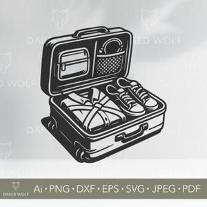 Puede incluir: Ilustración en blanco y negro de una maleta abierta con ropa, zapatos y accesorios. La maleta tiene un asa y ruedas. La imagen incluye el texto "Ai • PNG • DXF • EPS • SVG • JPEG • PDF".