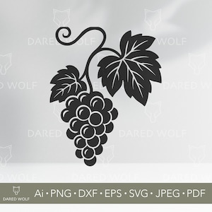 Puede incluir: Gráfico en blanco y negro de un racimo de uvas con hojas y un zarcillo. La imagen incluye el texto "DARED WOLF" y opciones de tipo de archivo: Ai, PNG, DXF, EPS, SVG, JPEG y PDF.