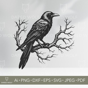 May include: A black crow perched on a bare tree branch with its wings spread out. The crow is facing to the right and has a sharp beak. The tree branch is made up of many thin branches.