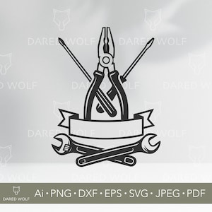 May include: Black and white illustration of tools, including pliers, screwdrivers, and wrenches, arranged around a blank banner. The text "DARE WOLF" is repeated around the image, with file type information at the bottom.