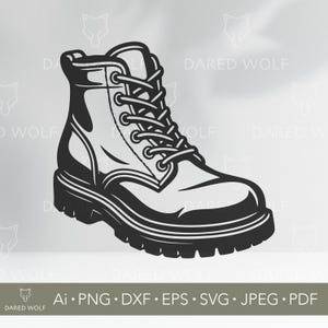 May include: Black and white illustration of a work boot with a thick sole and laced design. The boot has a high ankle and a sturdy appearance. The image includes the text "Ai • PNG • DXF • EPS • SVG • JPEG • PDF".