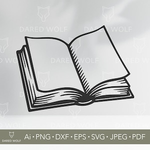 以下が含まれることがあります： 開いた本の白黒線画イラスト。ページは空白で、背表紙とページは線で詳細に描かれています。「DARED WOLF」の文字とファイルの種類情報が画像に表示されています。