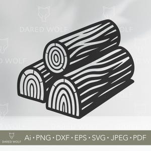 May include: Black and white graphic of three stacked logs, each with visible wood grain and circular end patterns. The design is a vector illustration, suitable for digital art or crafting projects. The image includes the text "DARED WOLF" and file type options.