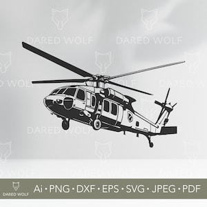 Może przedstawiać: Czarno-biała ilustracja helikoptera z powtarzającym się w tle tekstem "DARED WOLF". Helikopter ma szczegółowe cechy, w tym wirnik główny, wirnik ogonowy i podwozie. Obraz zawiera również formaty plików: Ai, PNG, DXF, EPS, SVG, JPEG i PDF.