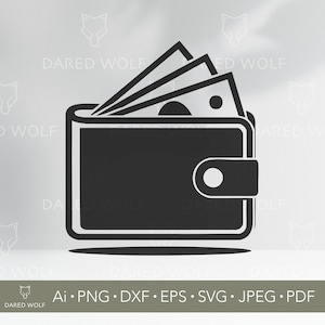 May include: A black wallet with a snap closure, holding several bills. The wallet is a simple, flat design, with a shadow beneath it. The image includes the text "DARED WOLF" and file type information.