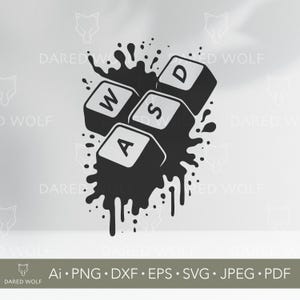 Puede incluir: Gráfico en blanco y negro de las teclas WASD de un teclado, con un efecto de salpicadura de pintura. La imagen incluye el texto "Ai • PNG • DXF • EPS • SVG • JPEG • PDF".