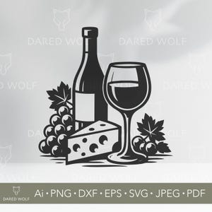 Arte vettoriale di vino e formaggio / SVG di vigneto per Cricut e Silhouette / File digitale gourmet / Design per amanti del vino per taglio vinile