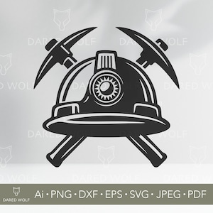 Könnte beinhalten: Schwarz-weiße Grafik eines Bergmannshelms mit zwei gekreuzten Spitzhacken. Der Helm hat ein Licht und ist umgeben vom Text "DARED WOLF" und Dateitypinformationen.