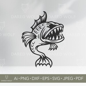 Pesce aggressivo SVG / Mostro marino arrabbiato Vector Art per Cricut e Silhouette / Clipart oceano feroce / File digitale di pesca per il taglio di vinile
