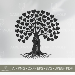 Pareja bajo un árbol de corazones SVG: Vector de boda romántica (archivo digital)