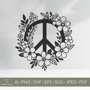 花のピースサインベクターアート | CricutとSilhouette用BohoフラワーSVG | ヒッピーデジタルファイル | ビニールカッティング用フェスティバルデザイン