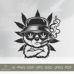 May include: Black and white illustration of a cartoon bear wearing a hat, sunglasses, and smoking a joint. The bear is surrounded by marijuana leaves.