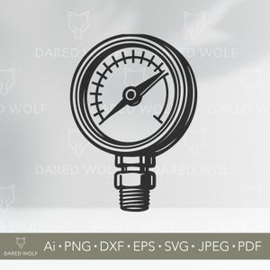 May include: Black and white illustration of a pressure gauge. The gauge has a circular face with a needle pointing to a measurement. The gauge is connected to a threaded fitting. The text "DARED WOLF" is visible.
