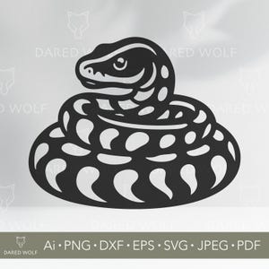 パイソンスネークSVGカットファイル | CricutとSilhouette用爬虫類ベクター | コイル状のヘビのデザイン | レーザーカット用デジタルダウンロード