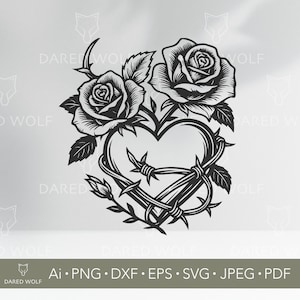 Könnte beinhalten: Schwarz-weiße Grafik von zwei Rosen und einem mit Stacheldraht umschlungenen Herzen. Das Design beinhaltet Blätter und den Text "DARED WOLF" sowie Dateitypoptionen: Ai, PNG, DXF, EPS, SVG, JPEG, PDF.