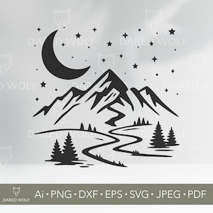 Illustrazione vettoriale di montagna notturna / Luna e stelle in formato SVG per Cricut e Silhouette / File digitale di paesaggio esterno per progetti in vinile e laser