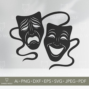 Maschere di commedia e tragedia SVG / Volti di teatro e dramma vettoriale per Cricut e Silhouette / File di taglio digitale di simboli di recitazione / Clipart di attori