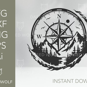 Puede incluir: Brújula en blanco y negro con una cordillera y árboles en el fondo. La brújula está rodeada por un borde decorativo.