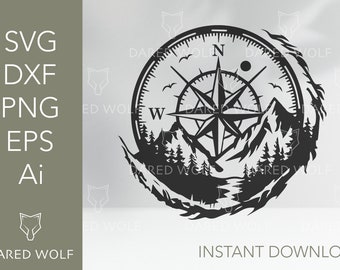 Mountain Compass Cut File | Compass Logo | Mountain Svg | Wild Forest | PNG Eps Svg Dxf Ai Cutting File Clipart Vector Digital