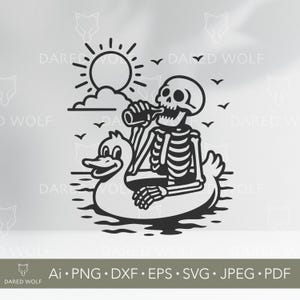 Op de afbeelding: Zwart-wit illustratie van een skelet dat uit een fles drinkt terwijl het op een eendvormige opblaasbare boot drijft. De zon, wolken en vogels zijn op de achtergrond. De tekst "DARED WOLF" en bestandsinfo zijn inbegrepen.