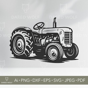 Könnte beinhalten: Schwarz-Weiß-Illustration eines Oldtimer-Traktors. Der Traktor hat große Hinterräder, ein Lenkrad und einen detaillierten Motor. Das Bild enthält den Text "DARED WOLF" und Dateitypoptionen: Ai, PNG, DXF, EPS, SVG, JPEG und PDF.