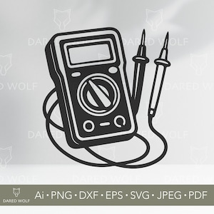May include: Black and white illustration of a digital multimeter, a device used to measure electrical properties. The multimeter has a display screen, a dial, and two probes connected by wires. The image also includes the text "Ai • PNG • DXF • EPS • SVG • JPEG • PDF".