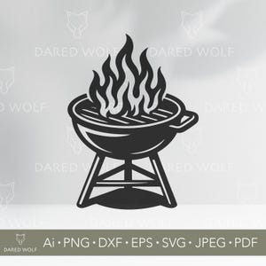 Może przedstawiać: Czarno-biała ilustracja grilla węglowego z płomieniami. Grill ma okrągłą powierzchnię do gotowania, uchwyt i trójnożny stojak. Obraz zawiera tekst "DARED WOLF" i informacje o typie pliku.