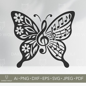 May include: Black butterfly design with musical notes and floral elements. The butterfly's wings feature a treble clef, musical notes, and flower patterns. The image includes the text "Ai • PNG • DXF • EPS • SVG • JPEG • PDF".