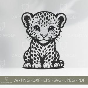 Illustrazione vettoriale di un simpatico cucciolo di leopardo / SVG di un cucciolo di animale della giungla per Cricut e Silhouette / File digitale di un gatto selvatico / Design per cameretta dei bambini per il taglio del vinile