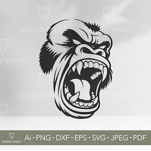 Puede incluir: Ilustración en blanco y negro de la cabeza de un gorila con la boca abierta y mostrando los dientes. La imagen incluye el texto "DARED WOLF" y opciones de tipo de archivo: Ai, PNG, DXF, EPS, SVG, JPEG y PDF.